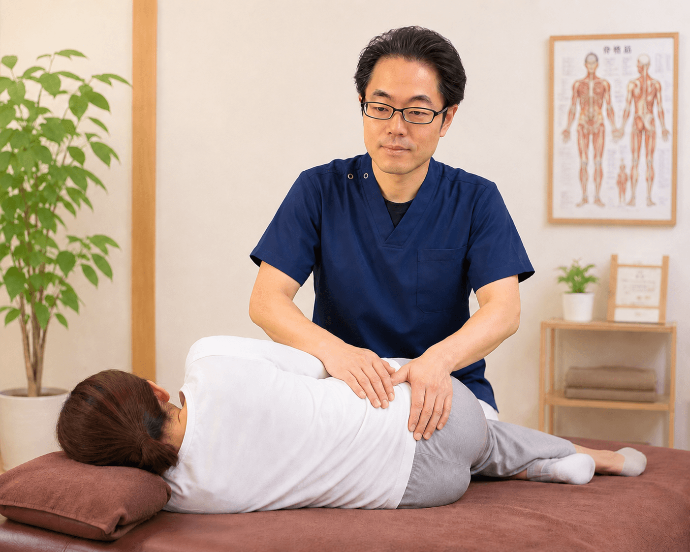 スジの状態を丁寧に確認する施術の様子